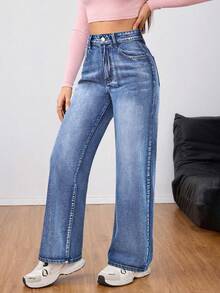Jeans casuales de cintura alta rectos y sueltos de uso diario y versátil - Azul lavado oscuro 2 - Ver 4
