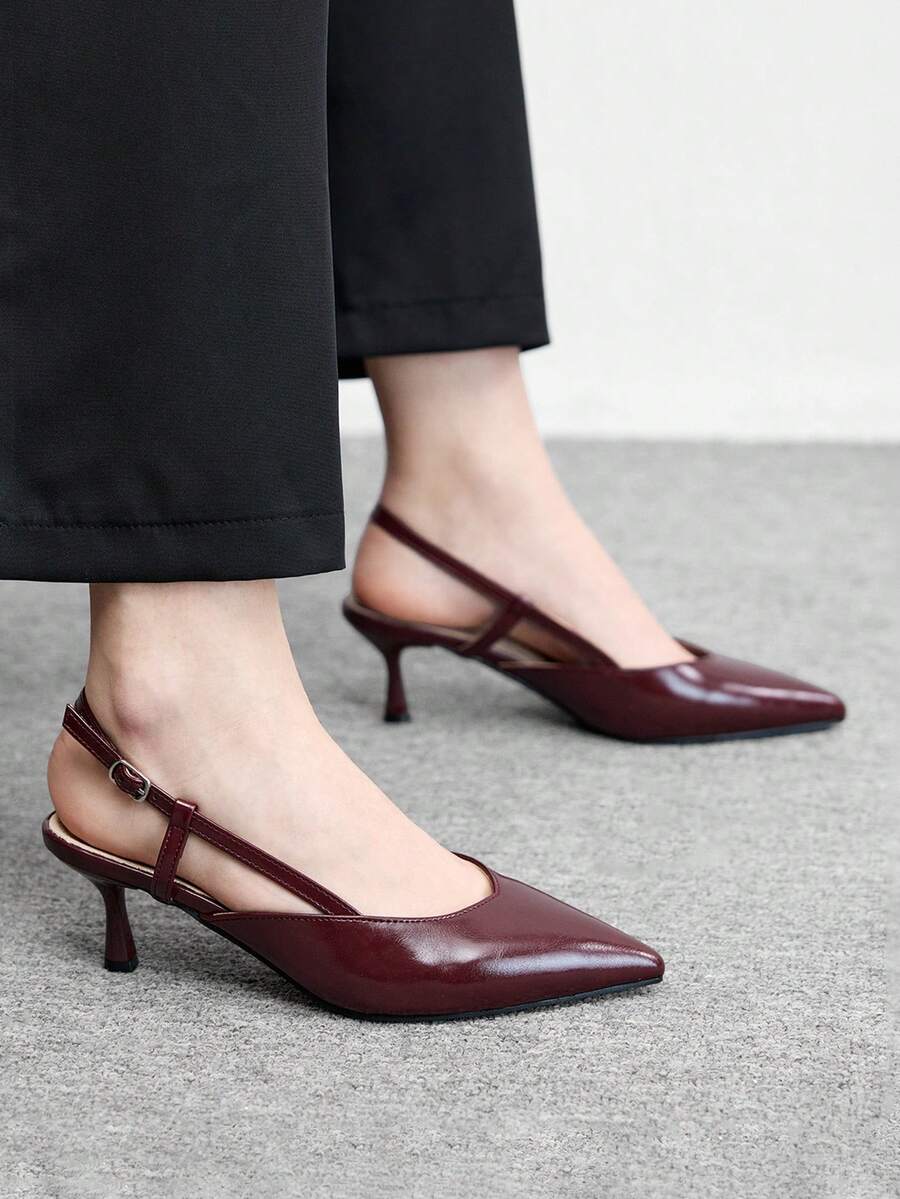 CUCCOO BIZCHIC Zapatos de tacón alto para mujer, sandalias de punta fina de cuero patentado burdeos con estilo retro, suela blanda y transpirable con diseño calado, zapatos cómodos y elegantes, versátiles para ir al trabajo o en citas, tacones altos que estilizan las piernas, ideales para el Día de San Valentín - Burdeos - Ver 1