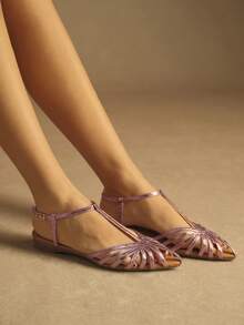 Rosivie 2025新款女士镂空编织罗马凉鞋，时尚平底闭趾搭扣沙滩休闲鞋，圣诞节必备 - 淺粉色 - 查看 5