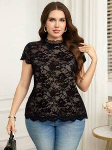 Reflora Plus Size Elegant Lace Top, Summer For Women, Spring Break, Spring Women, Elegant Party For Women - Black - View 5