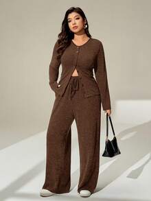 Auralis Plus-Size Women's Autumn/Winter Fashionable Casual High-Elasticity Comfortable Everyday Button-Down Long-Sleeved Cardigan And Wide-Leg Pants In Dark Gray Two Pieces Set,Fall Clothes,Airport Outfits,Simple Style,Pants Set - Brown - View 1