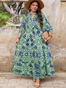 SHEIN CURVE+ Curve 尺码 US22 音乐节、海滨度假、波西米亚风多色随机印花长荷叶边袖中长连衣裙，荷叶边下摆和立领，XL 女式连衣裙，波西米亚风服装，曲线款 - 彩色 - 查看 6
