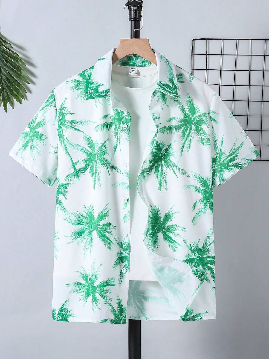 Vacation Printed Collared Woven Shirt For Teenage Boys - Green - View 1