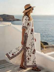 SHEIN Holidaya Digitally Printed V-Neck 3/4 Sleeve Kaftan Maxi Dress, Loose Fit, Suitable For Commute, Casual, And Vacation Wear - Multicolor - View 5