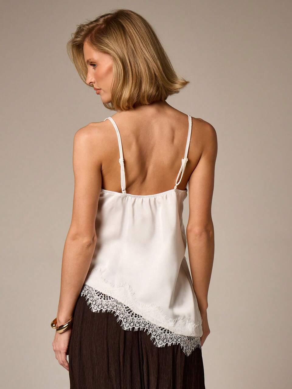 AiiRZ Asymmetrical Camisole With Diagonal Lace Panel And Eyelet Embroidered Hem Detail Summer Tank Top