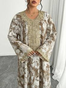 Al Najma 大码女式印花长袖土耳其和阿拉伯传统长裙 - 灰色 - 查看 1