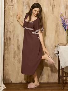 Côtesoire Contrast Color Lace Patchwork Jacquard Square Collar Oversized Short Sleeve Long Nightgown Home Dress For Women Women Pajama Dress Sleep Wear Women Dress Lounge Dress For Women Women Lounge Dress Women Sleepwear Dress - Coffee Brown - View 5