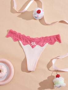 Eraneu Lace Trim Patchwork Bowknot Women's Thong Panties - Pink - View 8