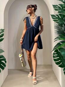 SHEIN EZwear 女士藏蓝色刺绣无袖梭织度假连衣裙 - 藏蓝色 - 查看 3