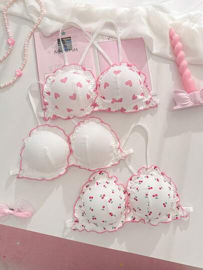 PetitDoll 3pcs/Set Cute Printed Criss-Cross Back Wireless Bras For Women