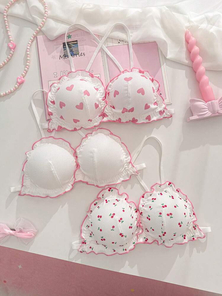 PetitDoll Set de 3 sujetadores inalámbricos con estampado lindo y espalda cruzada para mujeres - Multicolor - Añade 1