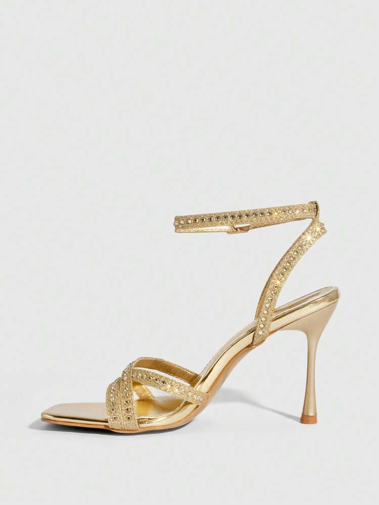 CUCCOO SZL Square Toe Stiletto High Heel Shoes, Sexy Fashion Rhinestone Embellished Ankle Strap Sandals, Apricot Color, Suitable For Dresses, Party, Nightclub