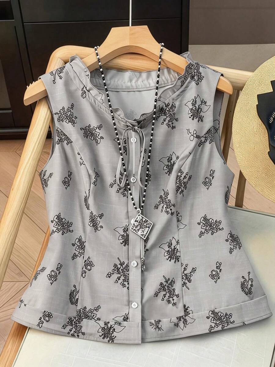 GlowEve CURVE 大码女式竹子印花水墨花卉无袖圆领荷叶边抽绳纽扣休闲度假日常百搭衬衫,夏季新款 - 彩色 - 查看 1