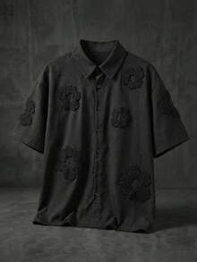 AXEPEAK Men's Fashion Simple 3D Floral Textured Solid Color Button-Down Short Sleeve Shirt - Black - View 8
