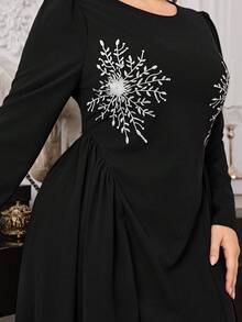 Modelyn Plus Size Embroidered Ruffle Crew Neck Long Sleeve Dress - Black - View 4