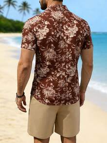 Manfinity RSRT Men's Printed Short Sleeve Shirt And Solid Color Shorts Set - Coffee Brown - View 2