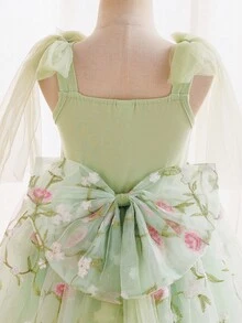 SHEIN Glamorique Kids 花童、生日派对、婚礼、节日礼服、女童公主裙、幸运大蝴蝶结、花卉网纱蓬蓬裙、参加派对或特殊场合、华丽连衣裙、可爱、美丽、四季皆宜、复活节、夏季、优雅派对礼服 - 綠色 - 查看 3