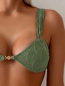 Swim Vcay Bộ bikini nữ mùa hè màu xanh quân đội với ren, dây đeo dày, trang trí vỏ sò kim loại, thích hợp đi biển. - xanh quân đội - Xem 7