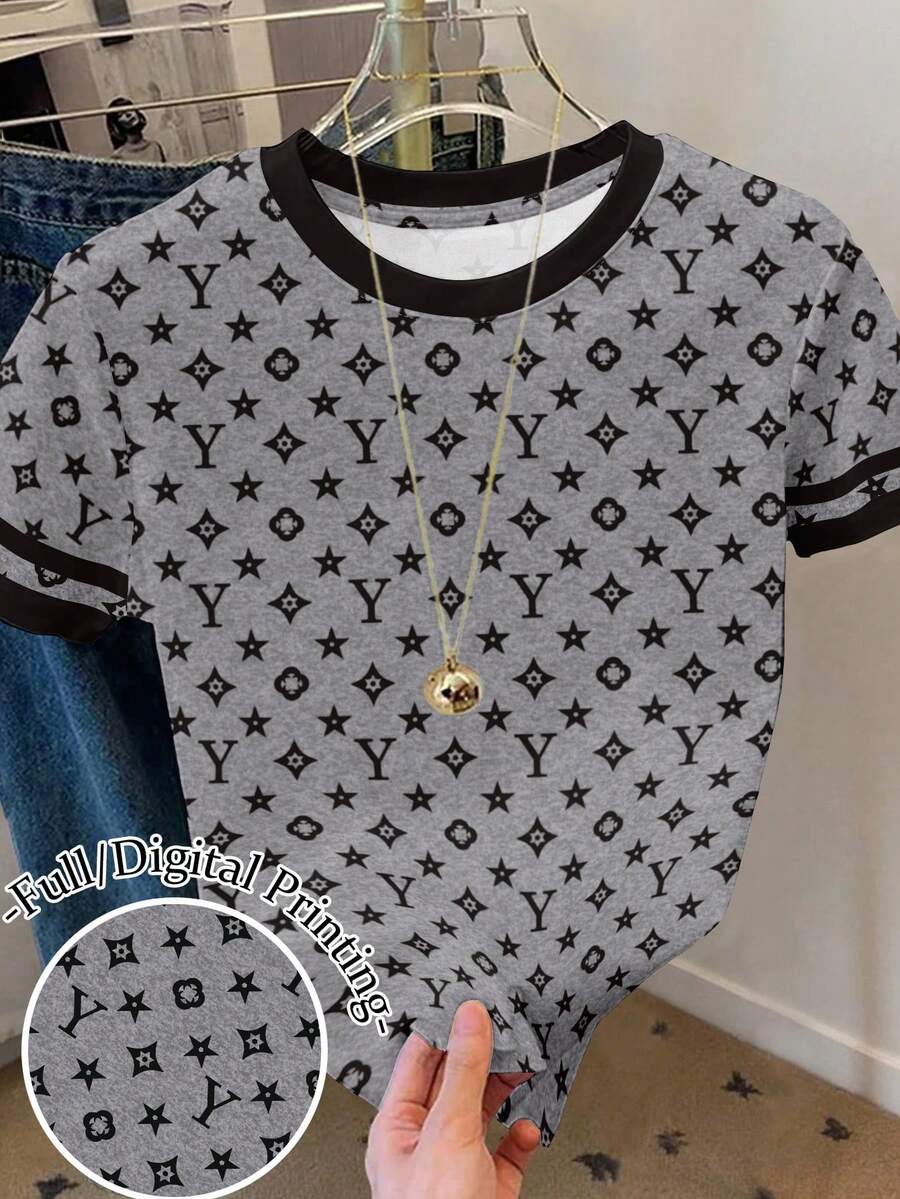 Resyla Áo thun nữ cổ tròn dáng rộng, in logo, phối màu tương phản, kiểu dáng thường ngày. - Nhiều màu - Xem 1