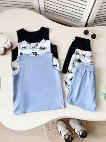 Playful Pals Set de 6 piezas de chaleco sin mangas y pantalones cortos de cintura elástica para niños pequeños, con estampados de dinosaurios, letras, rayas y palmeras, para uso casual diario y playa, para primavera/verano - Multicolor - Ver 2