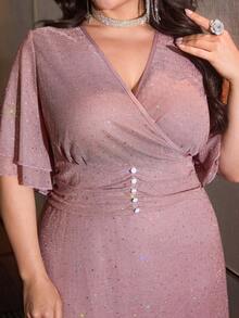 Modelyn Elegant Metallic Thread & Sequin Embellished Plus Size Dress For Women, Spring - Dusty Pink - View 8