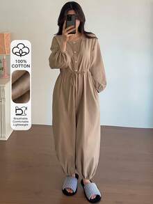 DAZY Combinaison ample pour femme avec manches lanternes et taille resserrée, couleur unie minimaliste, tenue de détente - Camel - Voir 5