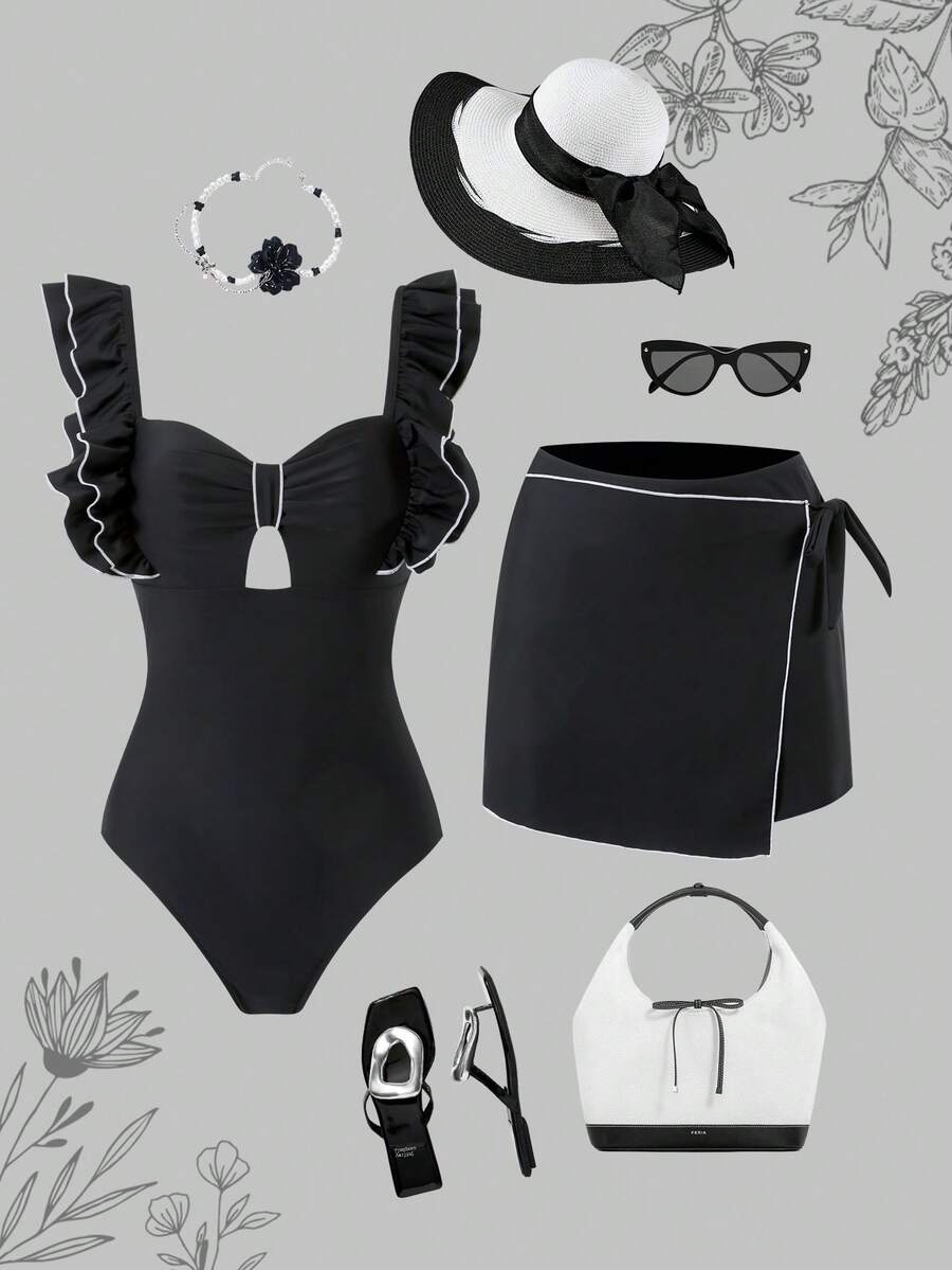Swim Oasis Conjunto de traje de baño de mujer con falda con volantes y espalda descubierta, 2 piezas para vacaciones de verano y playa - Blanco y Negro - Ver 1