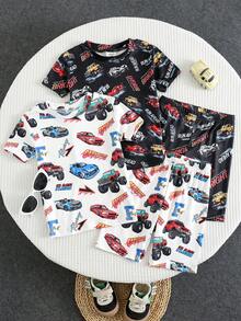 SHEIN 男童四件套睡衣套装，赛车和卡通字母图案，休闲简约修身款，舒适黑白配色，圆领短袖短裤，四季皆宜 - 彩色 - 查看 4