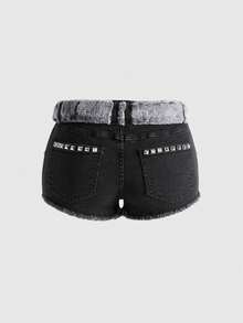 ROMWE Grunge Punk Plus Size Women Y2K Distressed Cross Stud Decor Mini Denim Shorts, Vintage Baddie Wash Denim Shorts For Autumn/Winter - Black - View 4