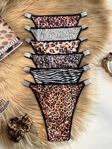 6条装女士豹纹斑马纹亮面弹力腰带三角裤 - 彩色 - 查看 2