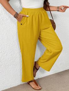 EMERY ROSE Plus Size Women Casual Mustard Yellow Linen Pants,Summer Boho Vacation Holiday Solid Color Elastic Waist Loose Wide Leg Trousers With Side Pockets - Yellow - View 3