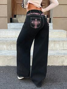 SHEIN PETITE Quần jeans nữ đơn sắc tối giản mặc hàng ngày - màu đen - Xem 4