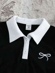 SHEIN Tween Girl Bow Embroidered Polo Collar Short Sleeve Casual Dress - Black - View 3