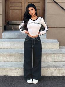 SHEIN PETITE Quần jeans nữ đơn sắc tối giản mặc hàng ngày - màu đen - Xem 7