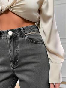 EURMUSE HIGH WAIST STRAIGHT JEAN PANT STYLE CASUAL - Grey - View 6