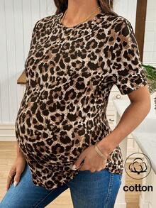 SHEIN T-shirt à manches courtes imprimé léopard décontracté pour femmes enceintes, été - Marron - View 1
