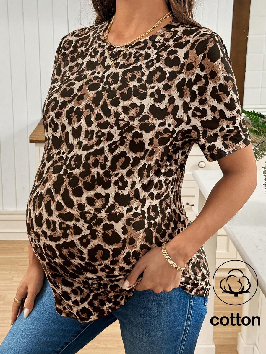 SHEIN T-shirt à manches courtes imprimé léopard décontracté pour femmes enceintes, été - Marron - View 1