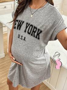 SHEIN 夏季孕妇休闲字母印花蝙蝠袖连衣裙 - 灰色 - 查看 1