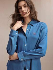 BizChic Áo sơ mi nữ mùa xuân/hè mới, thêu hình trái tim, phối màu tương phản, cài cúc phía trước, màu xanh & đỏ. - Màu xanh lam - Xem 4