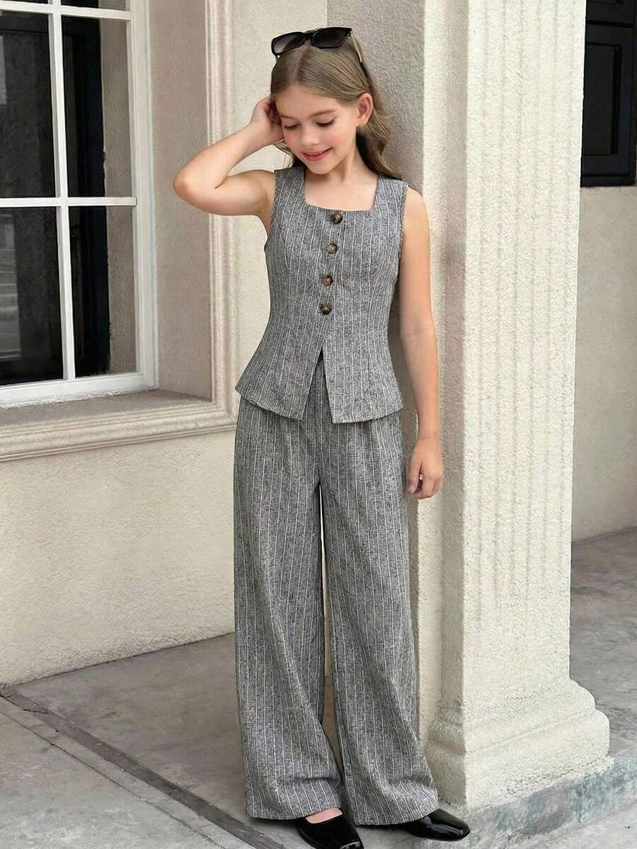 SHEIN 少女两件套：无袖条纹编织背心上衣和阔腿宽松裤，春夏款 - 灰色 - 查看 1