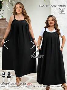 SHEIN CURVE+ Curve 加大码 US22 音乐节、海滨度假、波西米亚风 CURVE PLUS / 女士纯色露背度假风宽松舒适连衣裙、沙滩裙、太阳裙、波西米亚风连衣裙 - 黑色 - 查看 8