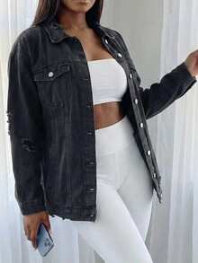 SHEIN ICON Plus Size Solid Color Front Button Pocket Casual Long Sleeve Denim Jacket - Black - View 3
