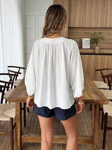 Louniche Women's Casual Vacation Solid Color Front Button Raglan Sleeve Shirt, Spring/Summer - White - View 2