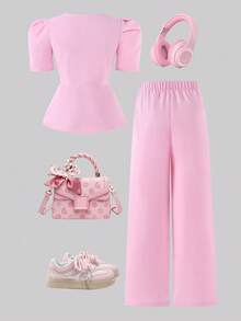 SHEIN 青少年女孩夏季純色泡泡袖短版上衣與長褲套裝 - 彩色 - 查看 3