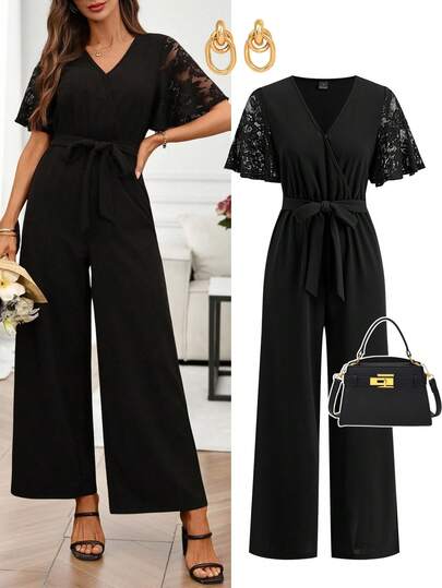 Ellevyn Women's V-Neck Short Sleeve Lace Waist-Cinching Elastic Knit Jumpsuit, Solid Black Color, Elegant For Daily Wear And Commuting, Spring/Summer Lace Patchwork Skirt, Long Skirt, Pure Black, Straight Skirt, Asymmetrical Design, Fashionable And Professional Style, Work Skirt, Elegant Spring And Summer Women's Wear.