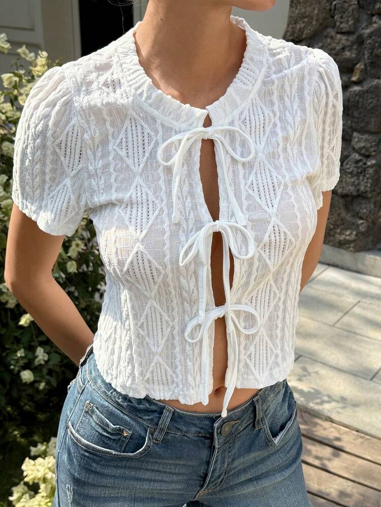 Women's Round Neck Short Sleeve Textured Fabric Bow Tie Casual Chic Blouse
