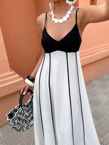 Selianne 大码女式无袖黑白撞色滚边A字休闲度假连衣裙，春夏款 - 黑與白 - 查看 5