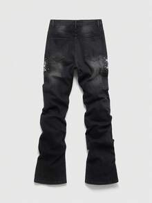 ROMWE MEN Anime Men's Casual Rhinestone Embellished Flared Jeans - Black - View 6
