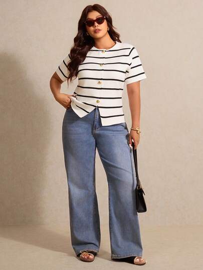 Elaquor Plus Size Women Round Neck Striped Single-Breasted Casual Everyday Knit Short Sleeve Top