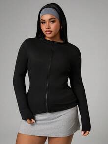 SHEIN Sports 女士加大码纯色长袖拉链修身运动夹克 - 黑色 - 查看 3
